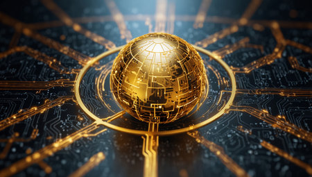 3D rendering of a golden globe surrounded by a circuit board.の素材