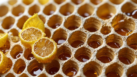 Honeycombs with lemon and honey, close-up.の素材