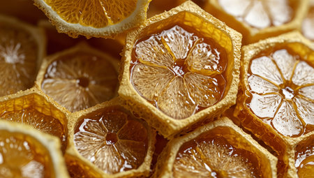 Honeycombs with lemon slices, close up. food backgroundの素材