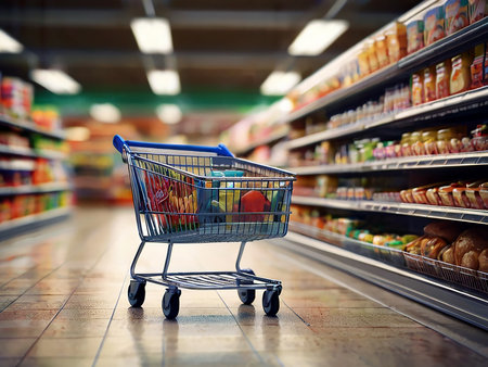 Shopping cart in supermarket, shallow depth of field, toned imageの素材