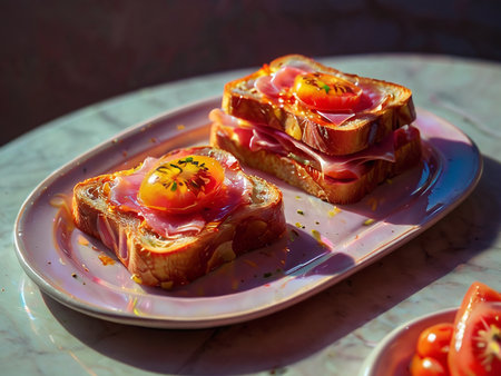 Toasted bread with ham, tomato and cheese on a plate.の素材