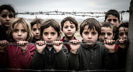 Group of children with a barbed wire fence. Selective focus.の素材