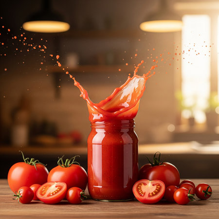 Tomato juice splash in glass jar on wooden table. Blurred backgroundの素材