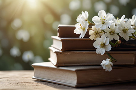 Books and jasmine flowers on wooden table with bokeh backgroundの素材