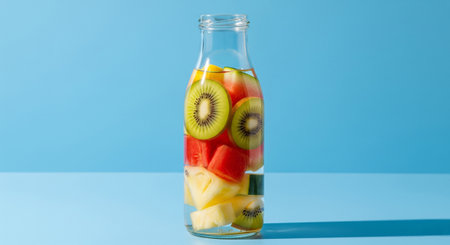Fresh watermelon, kiwi and pineapple in a bottle on blue backgroundの素材