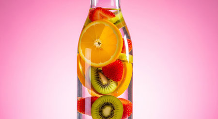 Bottle of water with fruits and berries on pink background. Healthy lifestyle concept.の素材