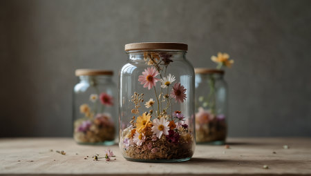 Dried flowers in a glass jar on a rustic wooden tableの素材