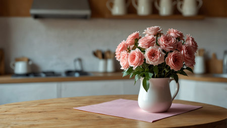 Pink roses in a vase on a wooden table in the kitchenの素材