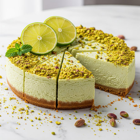 Pistachio cheesecake with lime and pistachios on white marble backgroundの素材