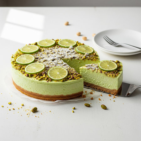 Pistachio cheesecake with lime on white wooden background.の素材