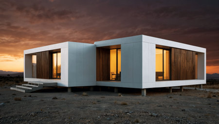 3d rendering of modern cozy house with pool and parking for sale or rent in luxurious style on sunset sky background.の素材