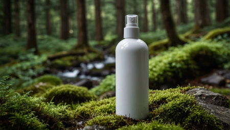 Blank white cosmetic bottle on a mossy stone in the forestの素材