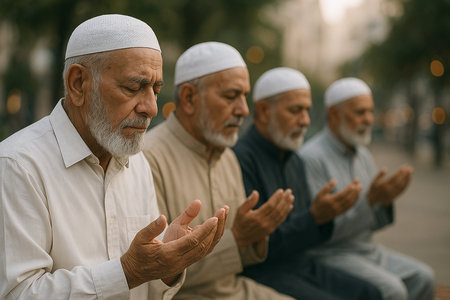 Group of Muslim men meditating in the street. Selective focus.の素材