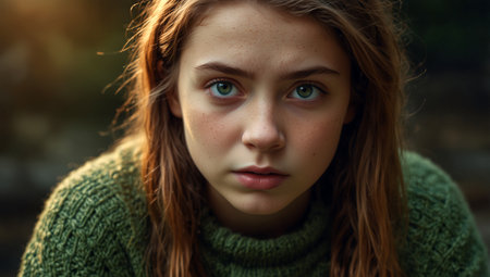 Portrait of a beautiful young girl with freckles on her face.の素材