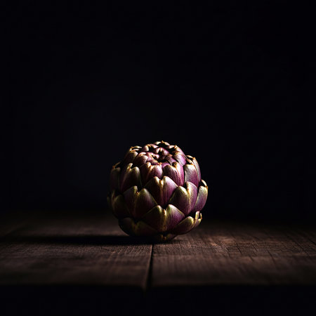 Artichoke on a wooden table, dark background, selective focusの素材