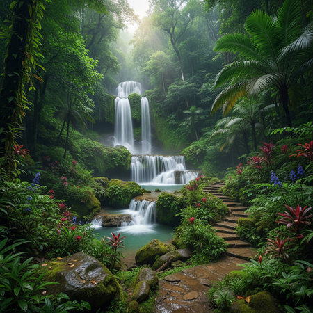 beautiful waterfall in the tropical rainforest. Waterfall in the rainforestの素材