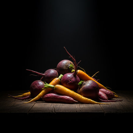 Bunch of fresh organic carrots and beets on wooden table over dark backgroundの素材