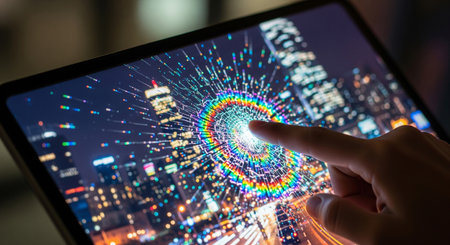 Finger pointing on digital tablet with binary code and city background.の素材