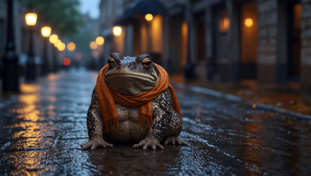 Frog sitting on a wet street in the rain. 3d renderingの素材