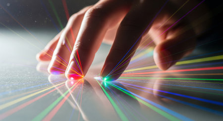 Finger touching a digital tablet with multicolored rays of lightの素材