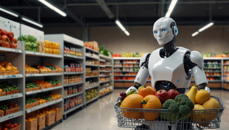 Robot with shopping cart in supermarket. Artificial intelligence and shopping concept.の素材