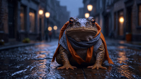 Frog in a raincoat on the street. 3D rendering.の素材