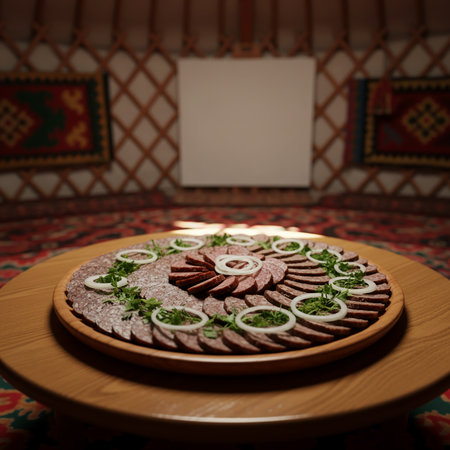 Slices of salami on a round wooden plate with onionsの素材