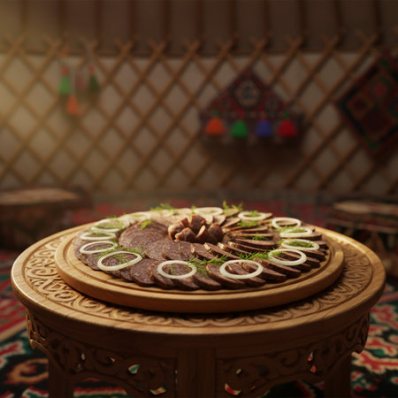 Slices of sausages on a round wooden board.の素材