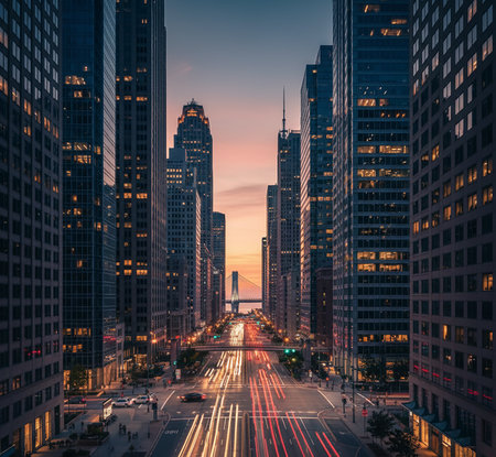 Chicago downtown skyscrapers and traffic trails at sunset, USA.の素材