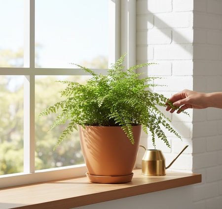 Woman's hand watering fern plant in pot on the windowsillの素材