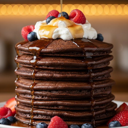 Stack of chocolate pancakes with fresh berries and whipped cream, closeupの素材