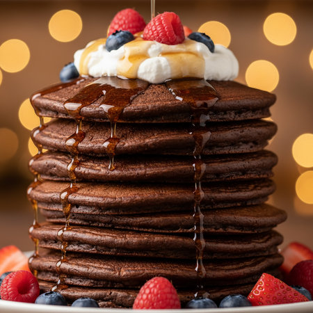 Stack of chocolate pancakes with fresh berries and maple syrup, closeupの素材