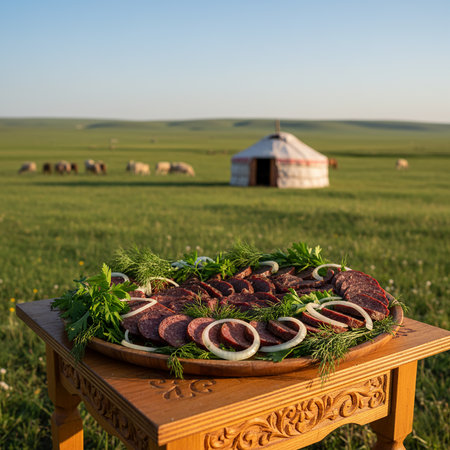 Grilled sausages with herbs on a wooden table in the steppeの素材