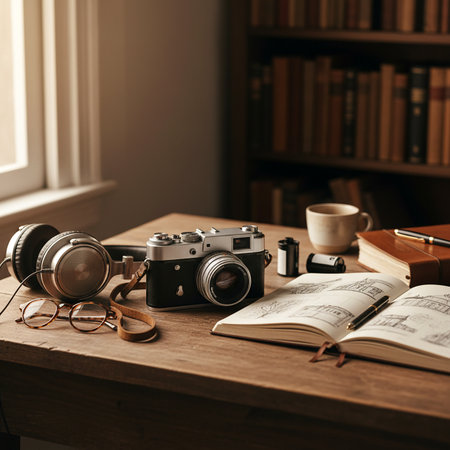 Vintage camera, headphones, books and coffee cup on wooden tableの素材