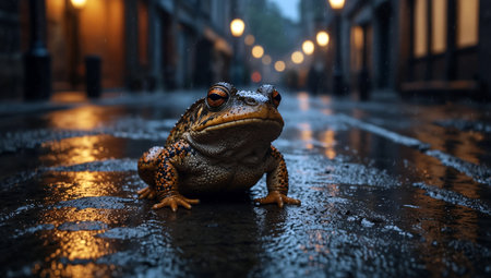Frog in the rain on the street in the evening. 3d renderingの素材