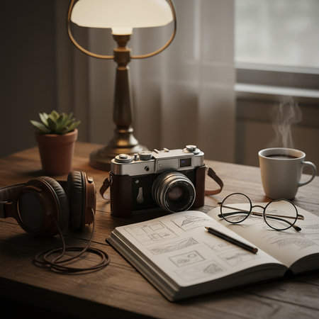 Vintage camera, headphones, notebook and cup of coffee on wooden tableの素材