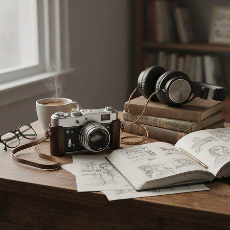 Retro camera, headphones, books and coffee on a wooden tableの素材