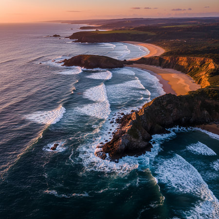 Aerial view of the cliffs at sunset on the Atlantic Ocean in Portugalの素材
