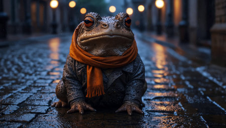 Frog in the rain on the streets of the old city.の素材