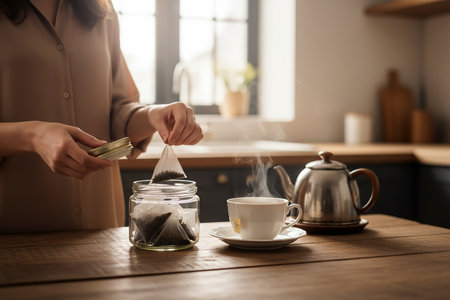 Woman pouring tea from teapot into cup at table in cafeの素材