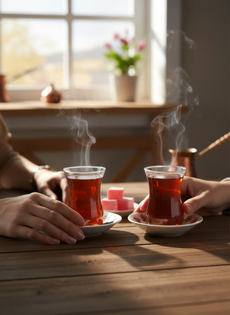 Two cups of hot tea on wooden table in cafe, closeupの素材