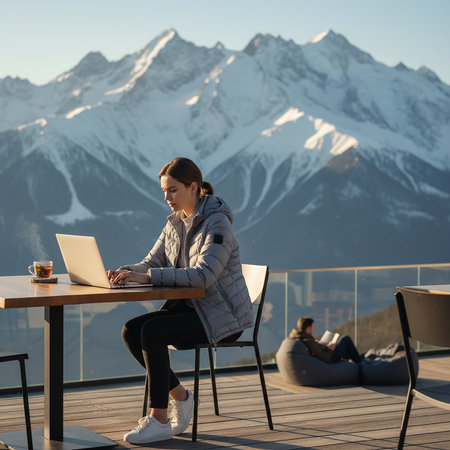 young woman using laptop and drinking coffee on terrace with mountains in backgroundの素材