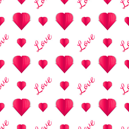 Seamless pattern of paper hearts and text. Idea for your design on the Valentine's Day. Design for holiday gift wrapping. Paper cut illustration. Love.のイラスト素材