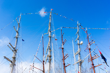 Mast, rigging and ropes on a old wooden sailing shipの写真素材