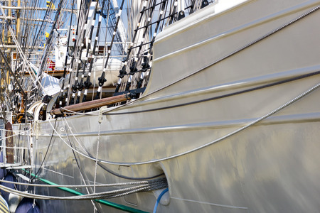Mast, rigging and ropes on a old wooden sailing shipの写真素材