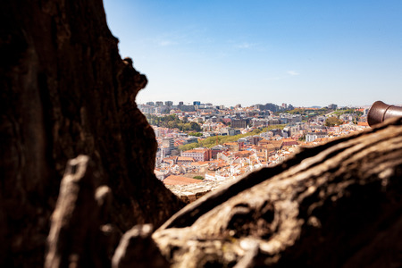 Old Lisbon Portugal steet. cityscape with roofs. Tagus river miraduro viewpoint. Spring and summer. View from sao jorge castleの写真素材