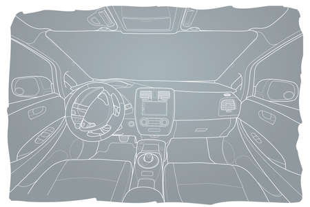 The machine inside. The interior of the electromobile vehicle with automatic transmission. Vector illustration of the lines.のイラスト素材