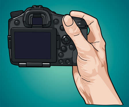 Hand holding professional photo cameraのイラスト素材