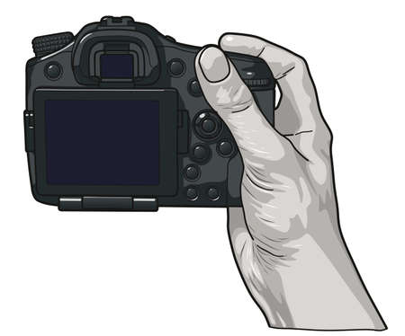Hand holding professional photo camera.のイラスト素材