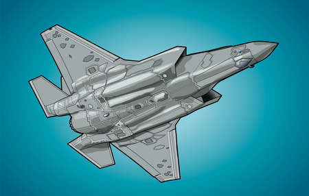Flight of the newest american jet fighter aircraft. Technichal draw. Isolated on white background.のイラスト素材